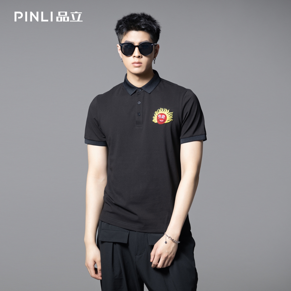 PINLI品立2025夏季新款太阳贴布绣花修身翻领短袖POLO衫男士体恤