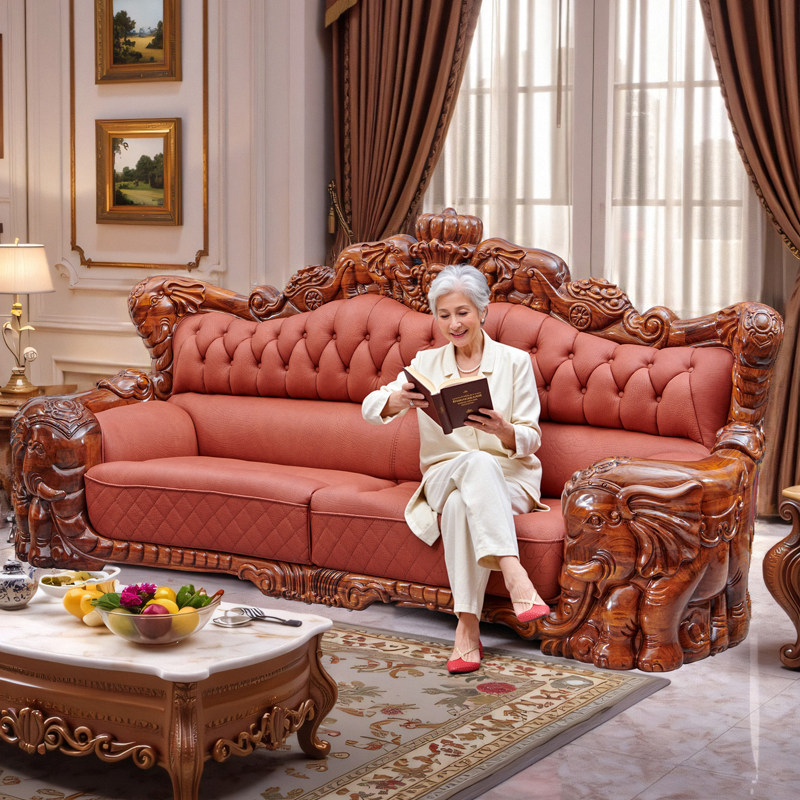 新中式乌金木欧式实木雕刻真皮大户型客厅家具别墅1124组合沙发