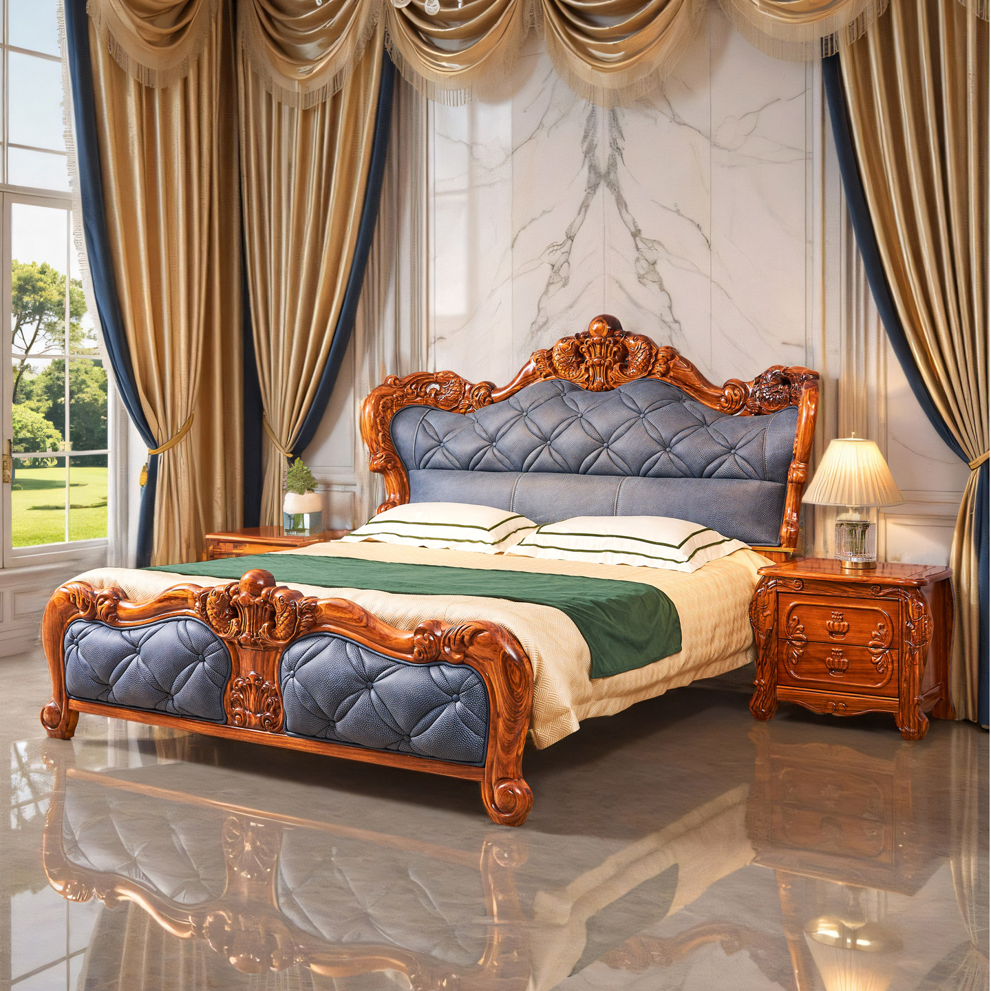 欧式别墅实木雕花乌金木真皮床新中式实木双人大床1.8米主卧家具