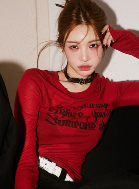 BabeFish Onze原创设计师针织春夏天丝红色打底衫辣妹修身长袖t恤