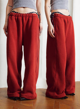 Babefish onze美式复古加绒松紧腰阔腿休闲宽松加厚保暖低腰卫裤