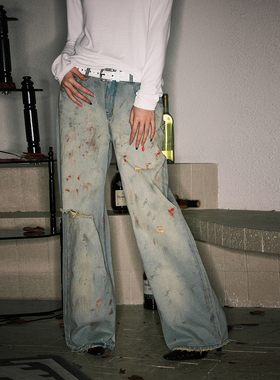 BabeFish Onze 原创设计水洗做旧重工泼墨显瘦阔腿直筒低腰牛仔裤