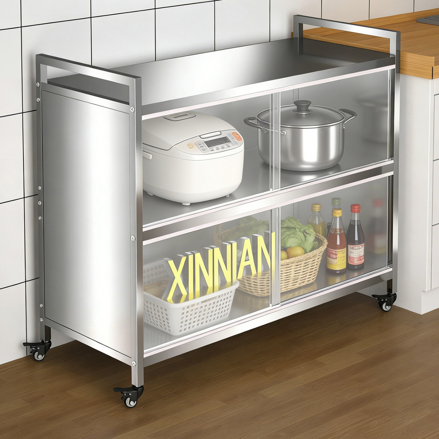 不锈钢橱柜厨房置物架落地全封闭家用多功能碗柜子阳台收纳货架子