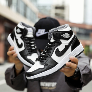 莆田男高帮板鞋黑白熊猫秋冬韩版潮加绒保暖休闲鞋子棉鞋运动板鞋