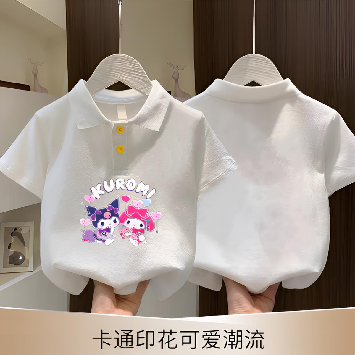 2025新款夏季宝贝短袖T恤纯棉女童卡通印花白色翻领上衣Polo衫潮
