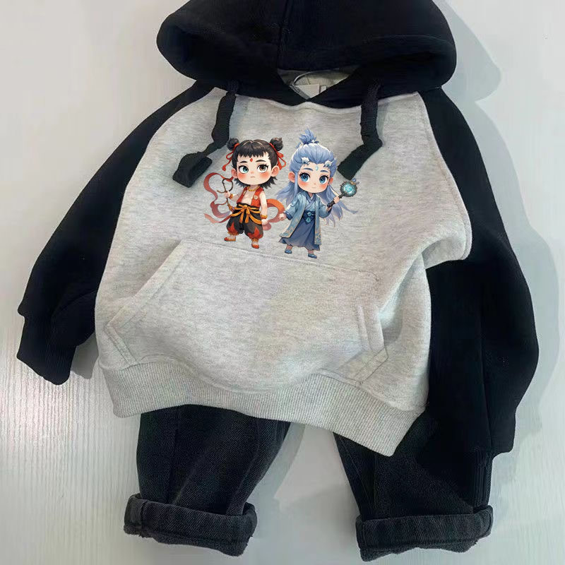 哪吒魔童闹海男童国潮卡通上衣女童宝宝秋冬加绒加厚连帽卫衣外套