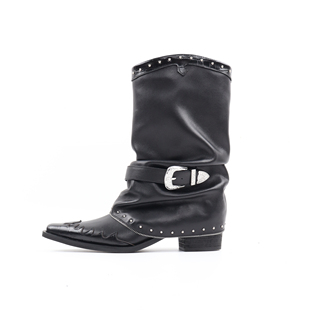 Asthershop原创 火焰装饰西部靴 尖头粗跟堆堆靴 中筒靴子