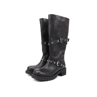 Asthershop原创 圆头铆钉装饰长筒机车靴 朋克风粗跟厚底长靴女