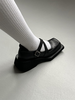 asthershop原创 哑光牛皮玛丽珍鞋 方头暗黑风交叉绑带单鞋