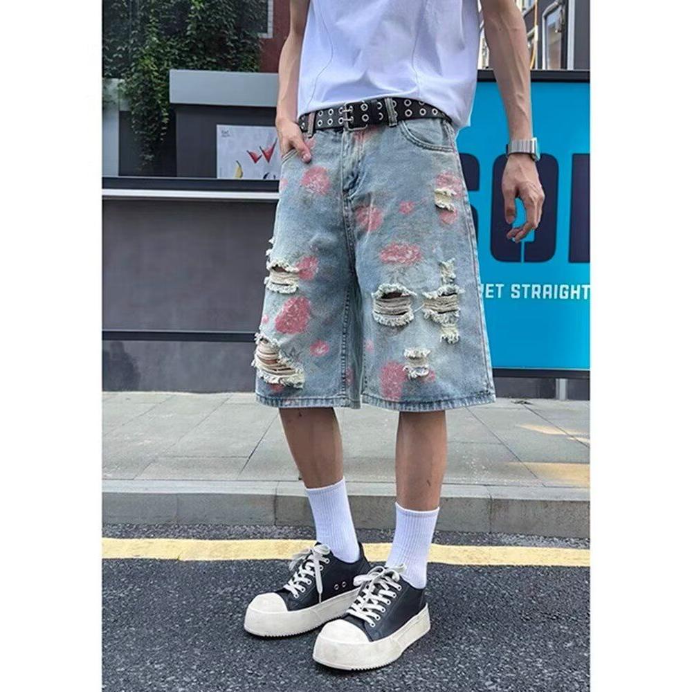 花卉满印破洞牛仔短裤男款夏季薄款美式高街vibe裤子潮牌五分中裤