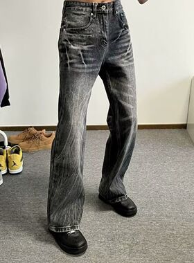 GAZER复古黑色竹节纹微喇叭修身立体猫须牛仔长裤cleanfit