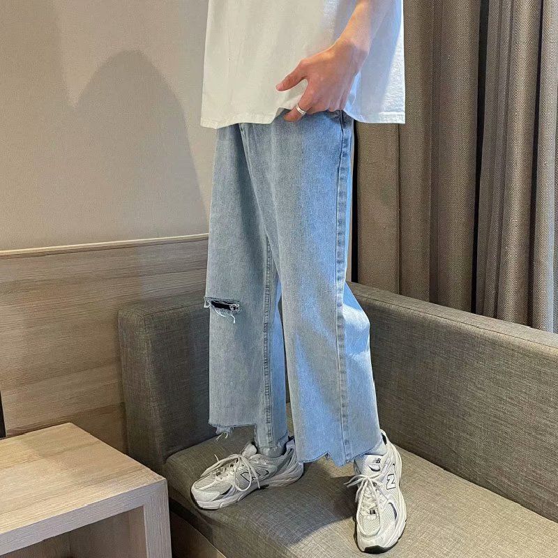 破洞牛仔裤男夏季薄款宽松直筒浅色休闲裤不规则韩版潮流百搭裤子
