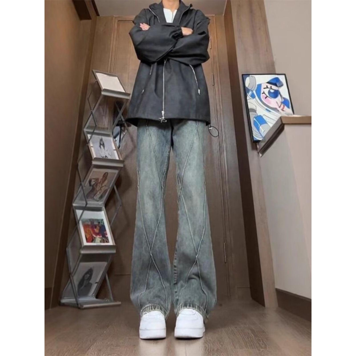高级感美式复古水洗做旧牛仔裤男秋季新款宽松直筒阔腿拖地长裤子
