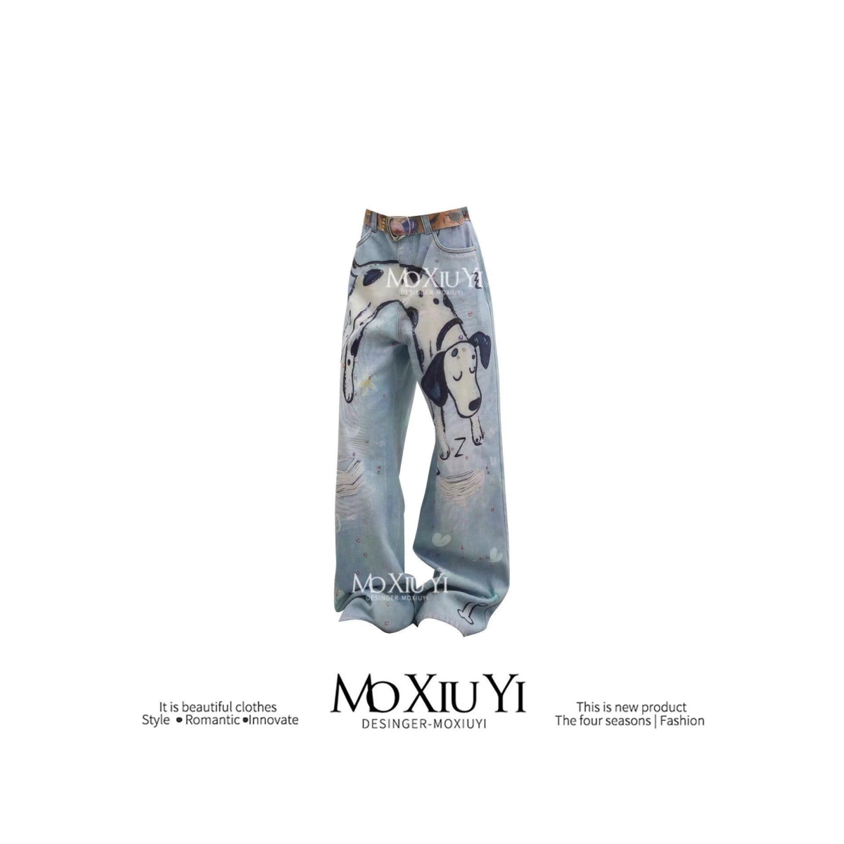 iscreamcolour MOF 涂鸦印花宽松直筒做旧水洗蓝牛仔裤阔腿牛仔裤