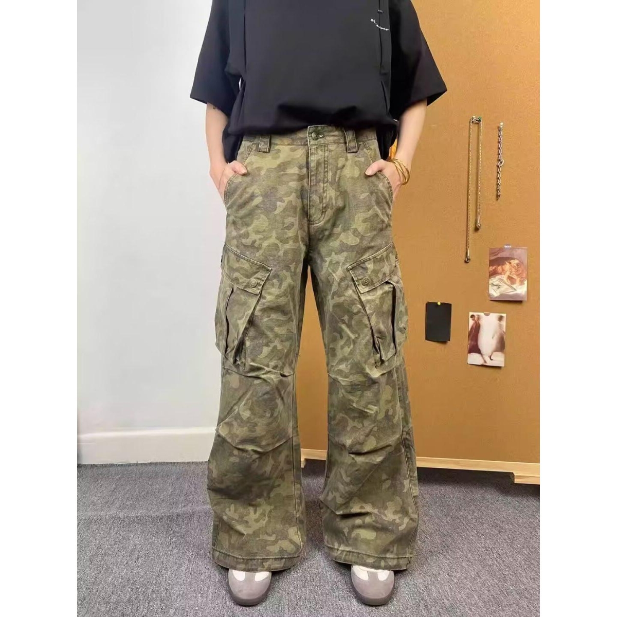 高级感美式复古迷彩工装裤男款春秋季潮牌宽松直筒阔腿休闲长裤子