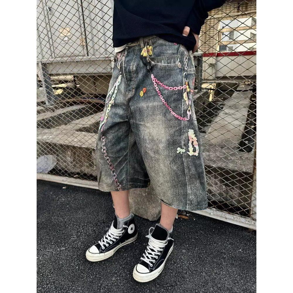 美式复古七分牛仔裤男夏季涂鸦印花宽松百搭阔腿裤直筒休闲短裤子