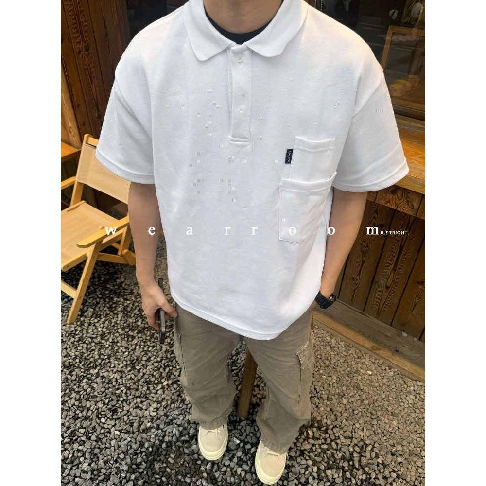 白色工装口袋翻领polo衫短袖男款夏季潮牌高级感宽松休闲半袖T恤