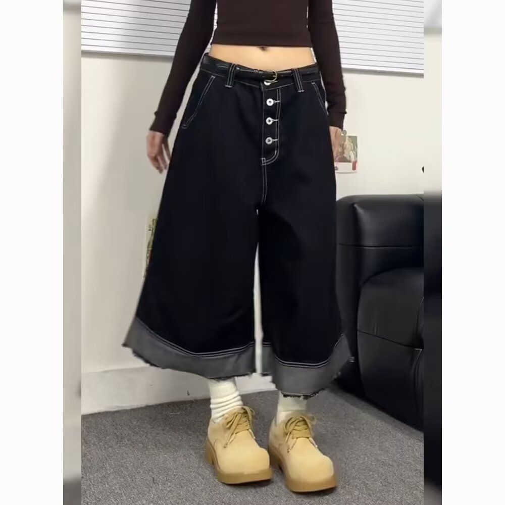 美式复古cleanfit休闲宽松牛仔七分裤男女毛边设计感阔腿短裤潮