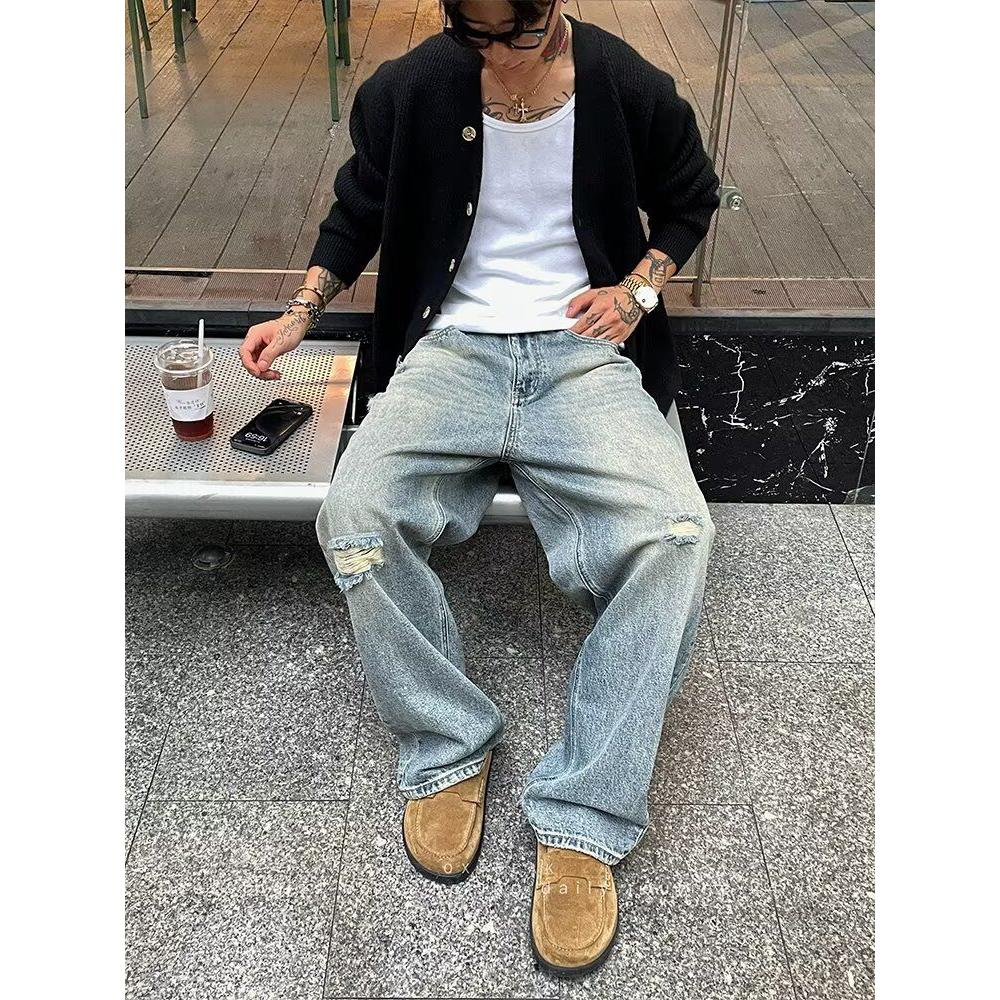 美式高街水洗破洞牛仔裤男夏季新款裤子修身显瘦高腰直筒微喇长裤