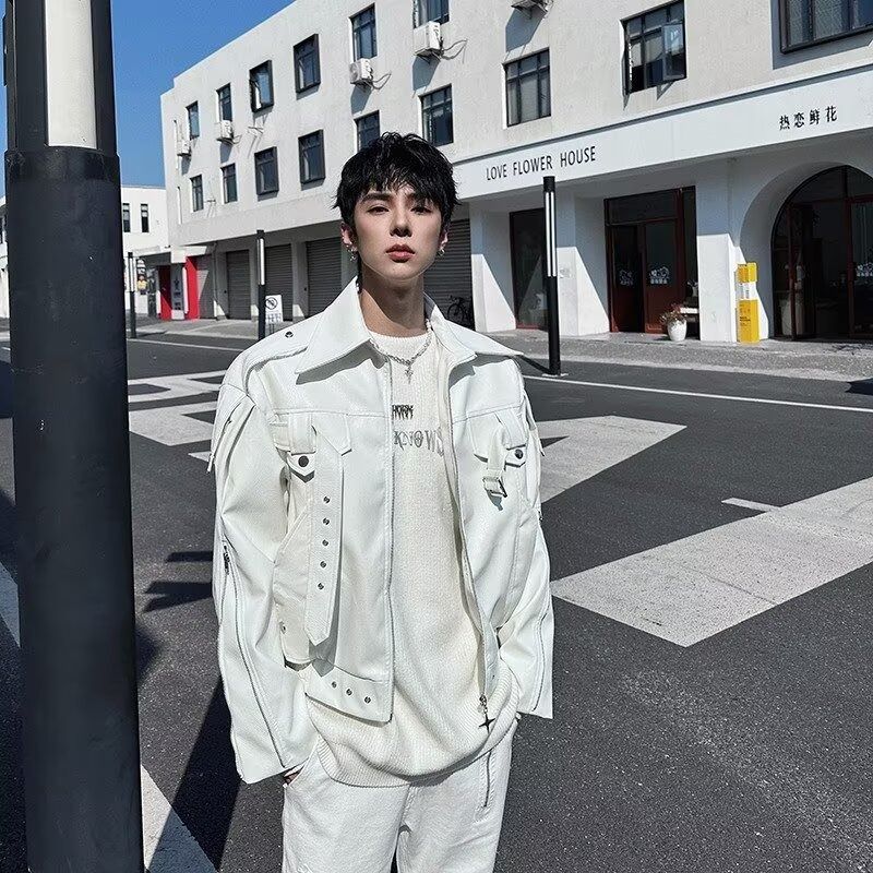 美式高街白色皮衣外套男春秋季潮牌设计小众高级感大码机车服夹克