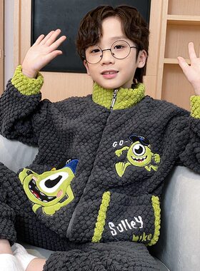 儿童睡衣冬绒男童家居服加绒玫瑰绒宝宝男孩拉链甜美法兰绒套装男