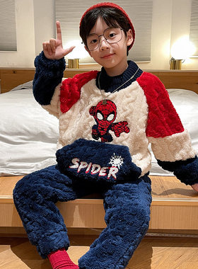 男童睡衣冬季加绒加厚珊瑚绒套头圆领卡通儿童家居服法兰绒套装