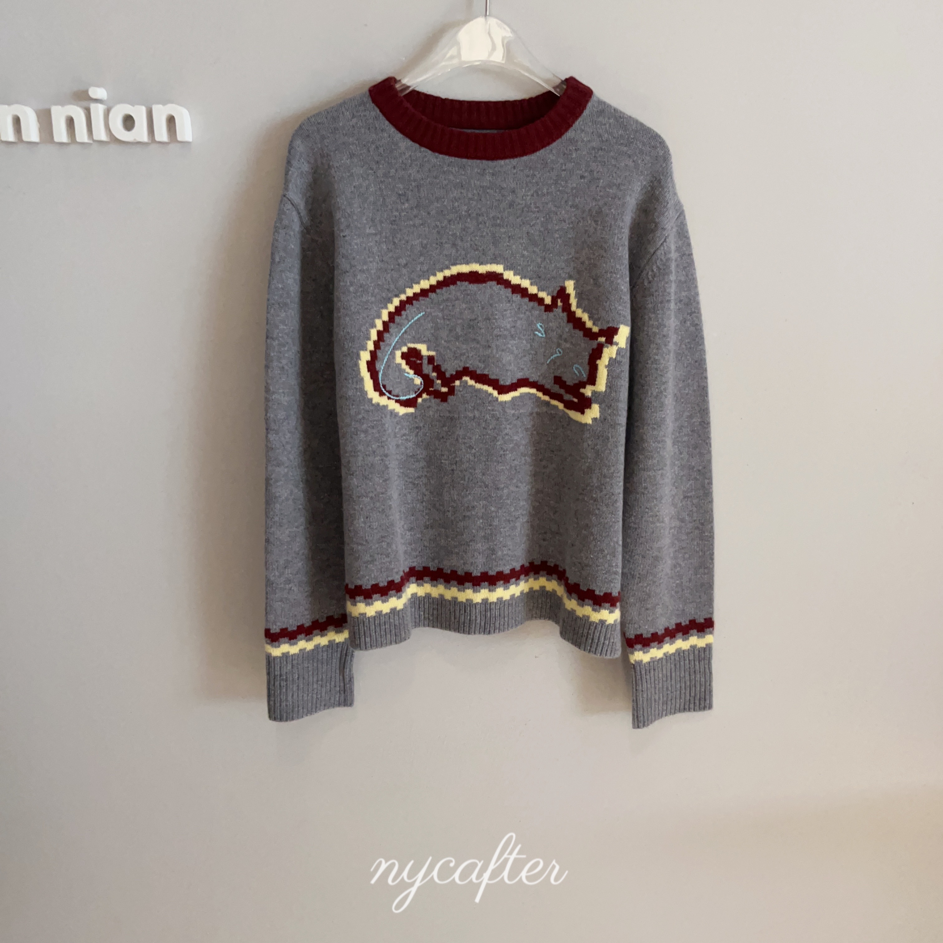 【念念】nycafter 绵羊毛长袖撞色猫咪针织毛衣250905