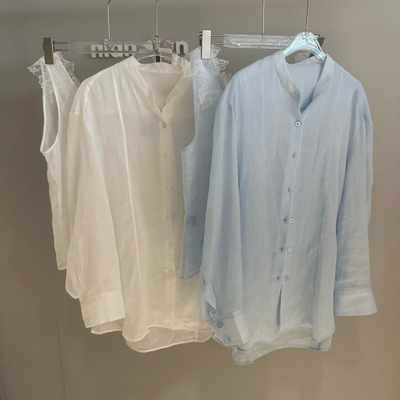 【念念】原厂苎麻圆圆同款轻薄舒适透气蕾丝背心衬衫套装iu2098