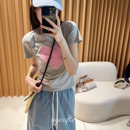 【念念】nycafter爱心兔子蕾丝印花T恤短款修身短袖马春ht4052
