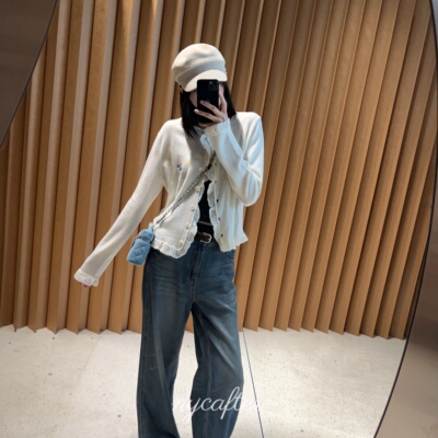 【念念】nycafter 绵羊毛天使花纹开衫短款花边针织衫jy3383