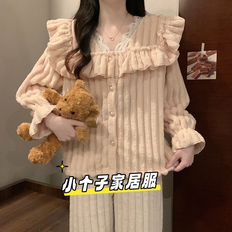 小香风丝绒长毛绒女睡衣套装可外