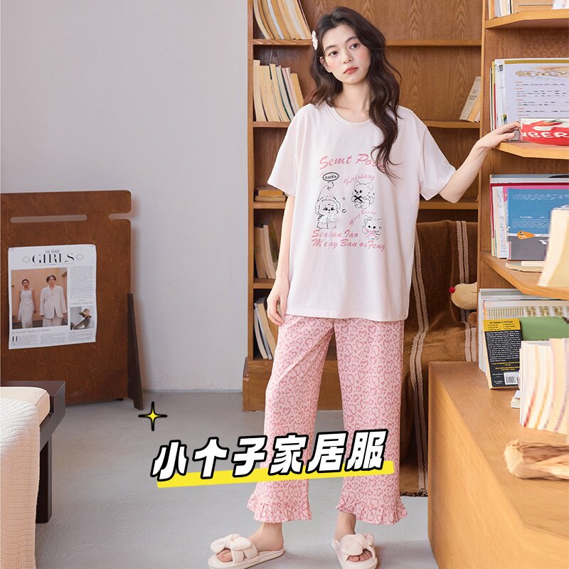 小个子带胸垫睡衣夏天新款短袖长裤甜美卡通蓝格子少女家居服套装