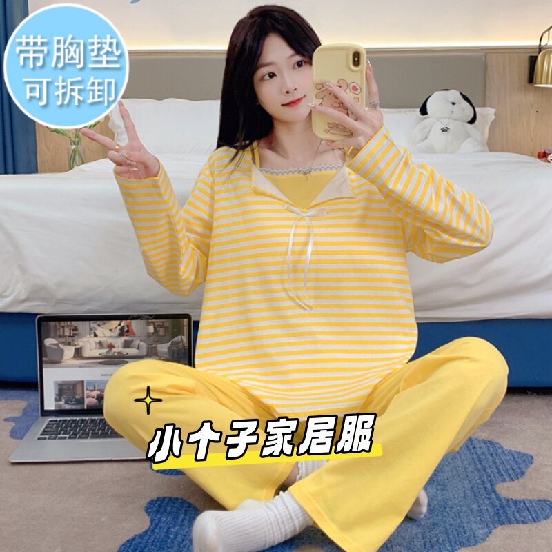女生秋冬纯棉带胸垫睡衣套装XS