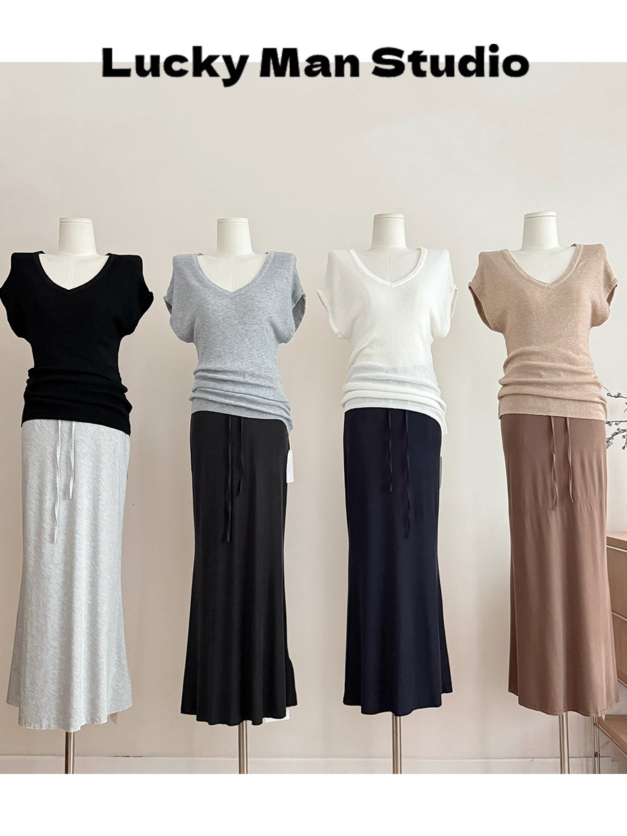 LUCKYMAN V领连袖显瘦百搭针织衫女纯欲百搭T恤上衣