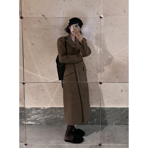 KKKid毛呢外套女2023冬季新款复古棕色气质长款高级羊毛呢子大衣