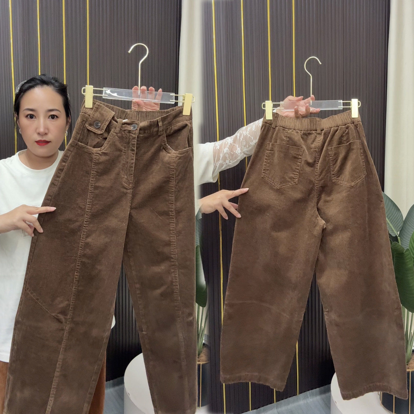 秋冬新款条绒弯刀裤女高腰宽松显瘦哈伦小脚裤时尚洋气休闲九分裤