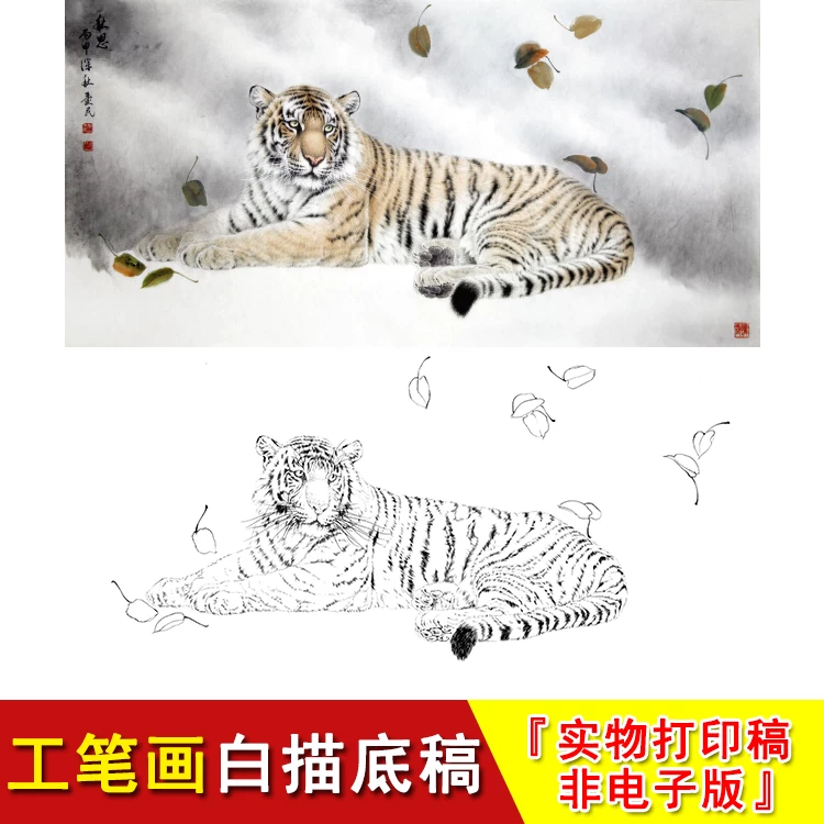 工笔画白描底稿老虎高清动物横幅国画临摹素材大幅练习起稿WH08