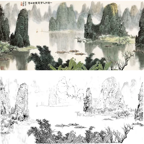 工笔画白描底稿大幅山水高清横幅实物打印线稿过稿临摹BX07
