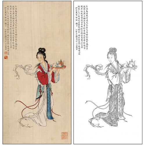 工笔画白描底稿王叔晖人物仕女《麻姑献寿图》勾线高清打印稿SH76