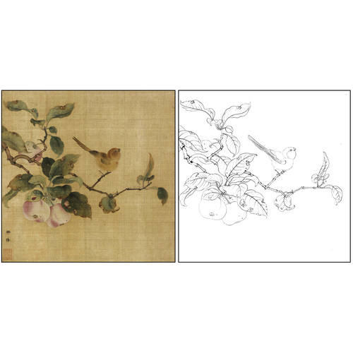 宋画工笔白描底稿花鸟小品林椿《果熟来禽图》国画临摹打印稿GH08