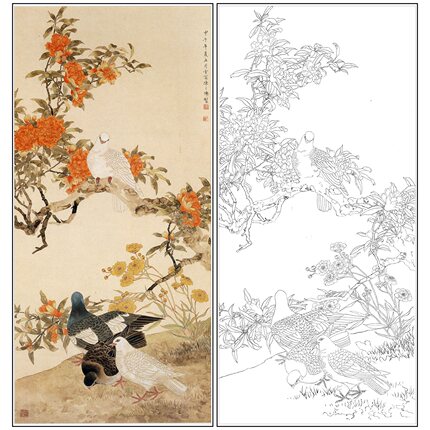 陈之佛花鸟竖幅工笔画白描底稿《榴花群鸽》鸽子打印线稿QA27