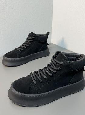 高帮棉鞋2024冬季新款男鞋系带加绒保暖厚底翻毛皮百搭休闲板鞋