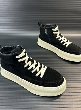 高帮翻毛皮男鞋2024冬季新款系带拉链加绒保暖厚底黑色青年板鞋