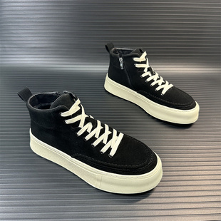 高帮翻毛皮男鞋2024冬季新款系带拉链加绒保暖厚底黑色青年板鞋