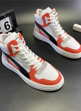 2024春季新品男鞋高帮系带拼色韩版板鞋百搭运动休闲精神小伙鞋子