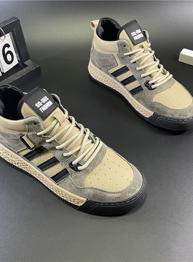 高帮男鞋秋季新款系带拼色透气舒适韩版板鞋百搭运动休闲学生鞋