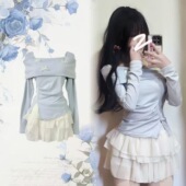 一字肩上衣杏色半身短裙两件套装 绝绝子新款 俏皮套装 春夏季 裙 女装