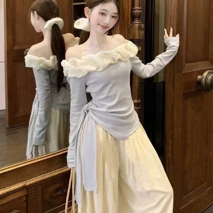 纯欲风花朵一字领不规则绑带T恤