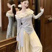 纯欲风花朵一字领不规则绑带T恤阔腿拖地裤 女2025早春新款 两件套