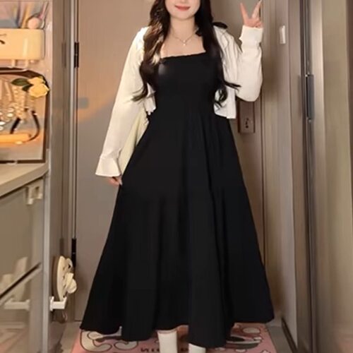 大码法式赫本风复古吊带连衣裙春夏季微胖mm显瘦高腰遮胯小黑裙子